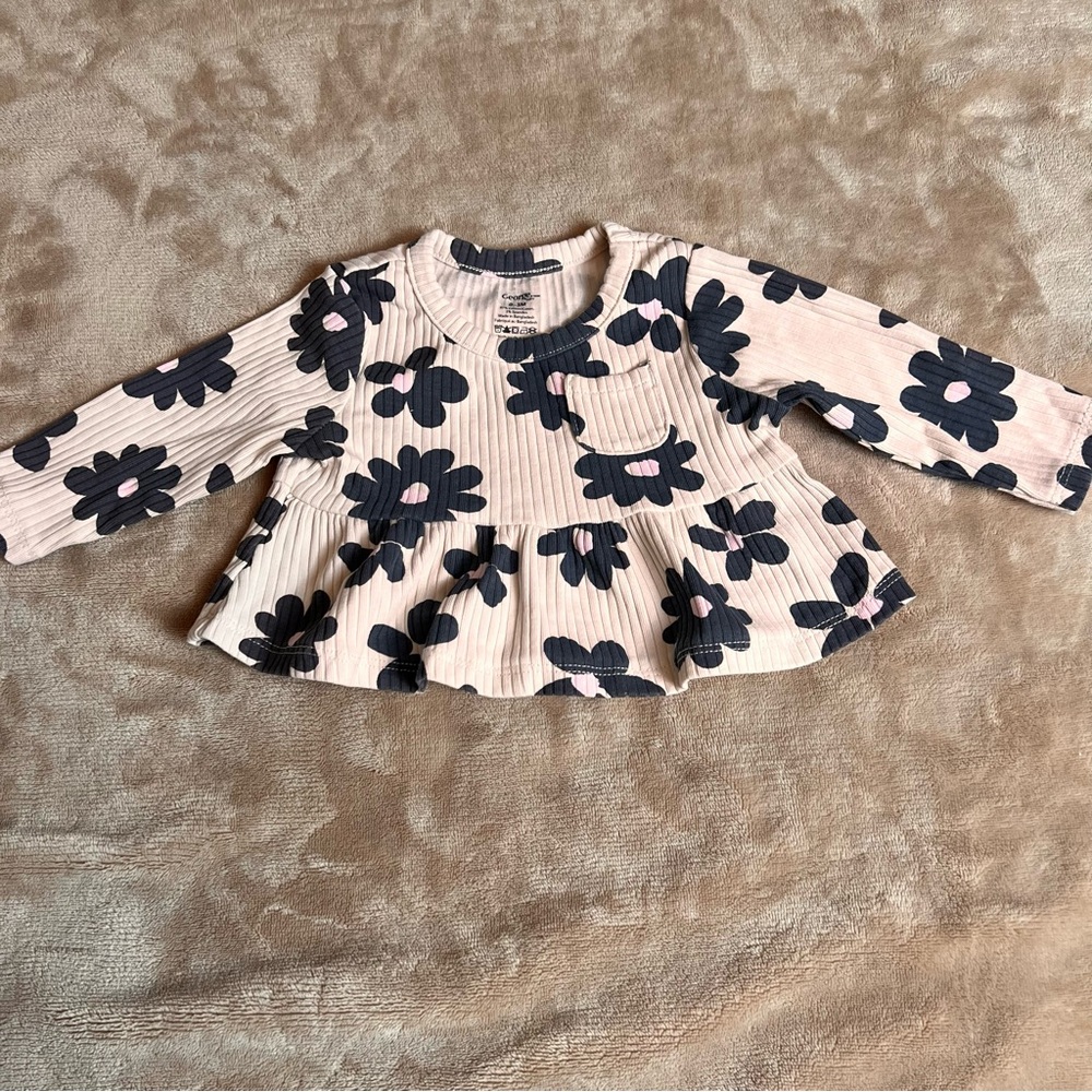 GEORGE Beige and Black Peplum Floral Long Sleeve Ribbed Top - Size 0 to 3M